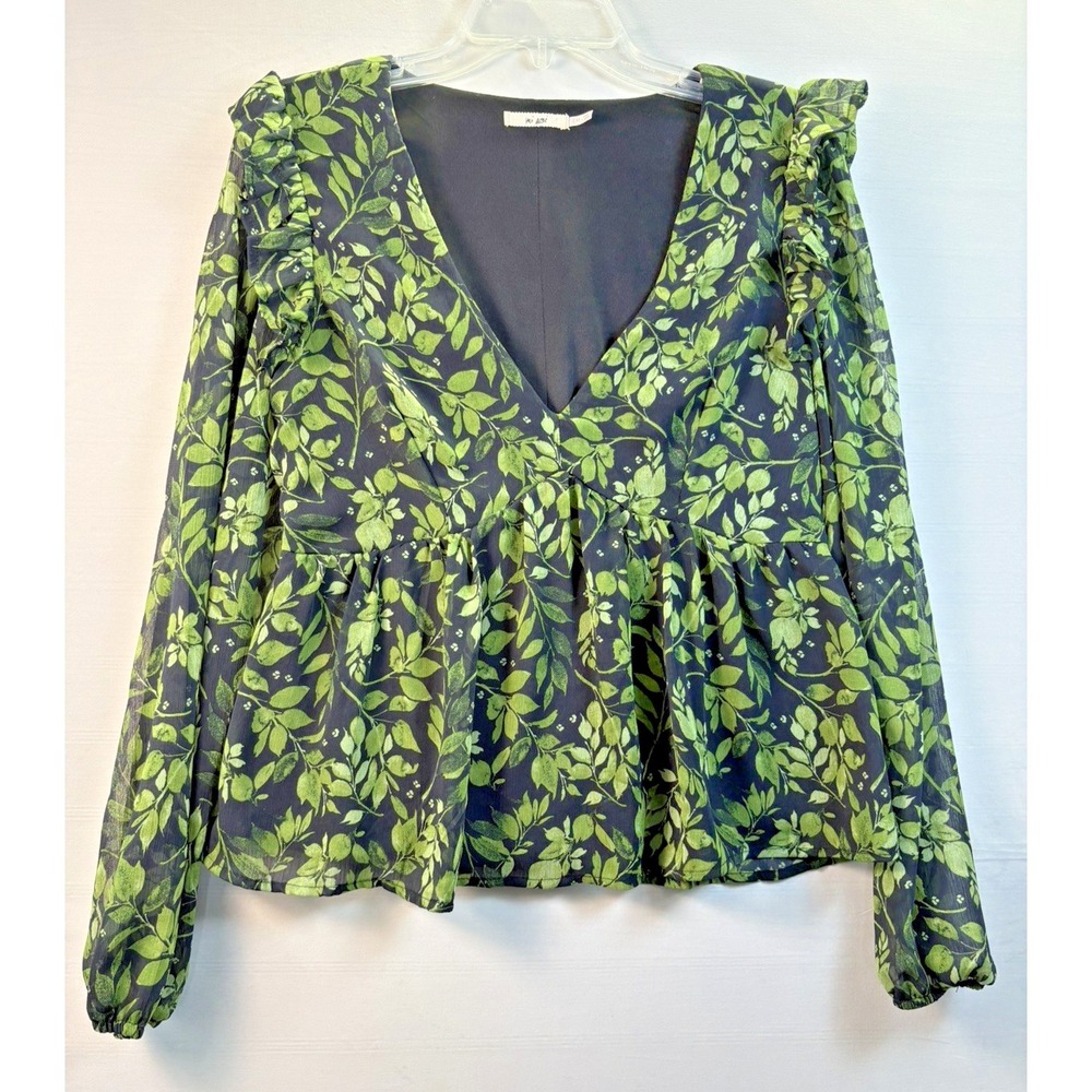 Mi Ami for Francesca's womens black/green ruffle blouse long sleeve vneck Medium